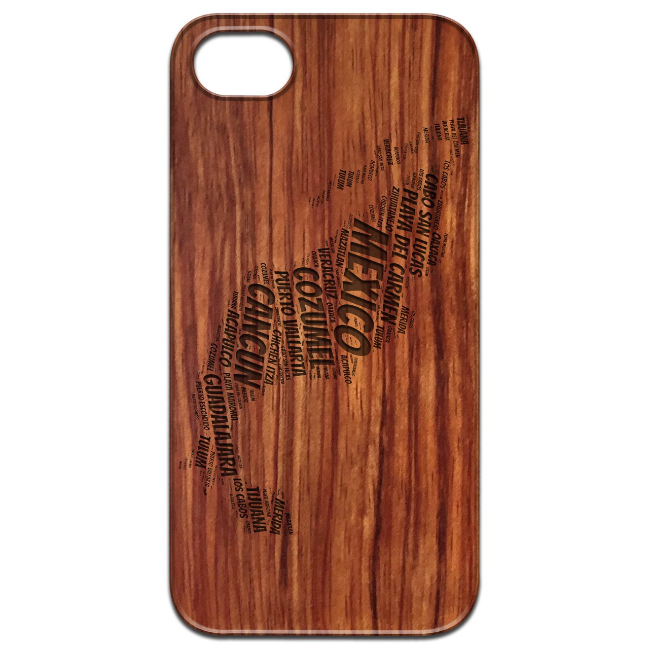 Mexico Word Cloud - Engraved wooden phone case showcasing intricate design and natural wood finish.